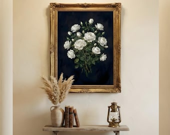 Impresión vintage de flores oscuras, arte de pared imprimible con motivos florales melancólicos, impresión botánica oscura, arte de pared con flores rústicas, impresión de arte floral antiguo neutro