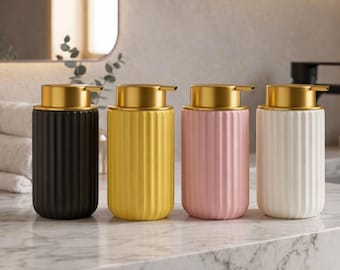 Ceramic Soap Dispenser 320ml – Ribbed Bathroom Lotion Bottle, Modern Foaming Soap Pump, Minimalist Bathroom Decor