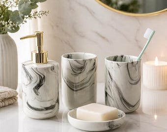 Juego de baño de cerámica y mármol: dispensador de jabón, portacepillos de dientes y jabonera, moderno juego de accesorios de baño, decoración de lujo para el lavabo.