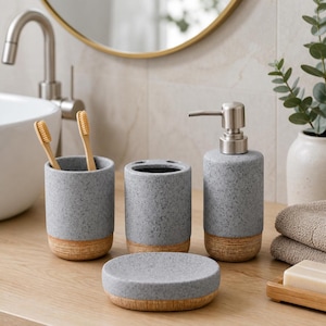 Ceramic Bathroom Accessories Set – 4 Piece Bathroom Set with Soap Dispenser, Toothbrush Holder, Soap Dish & Tumbler, Modern Bathroom Decor