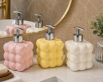 Dispenser di sapone in ceramica da 500 ml – Design moderno a bolle, con pompa per lozione ricaricabile, decorazione per lavabo del bagno, flacone per sapone liquido.