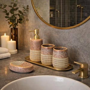 Juego de accesorios de baño vintage: 4 piezas de cerámica para baño, dispensador de jabón, portacepillos, vaso y jabonera.