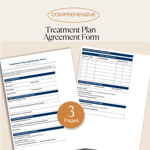 May include: A comprehensive treatment plan agreement form with the title at the top. The form includes sections for client information, treatment goals, and payment details. A circular graphic indicates the form has 3 pages.