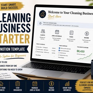 May include: A laptop displays a "Cleaning Business Starter" Notion template. The screen shows a dashboard with sections for clients, jobs, tasks, and income. A black mug with the text "Plan. Organize. Grow." sits to the right.