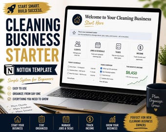 Cleaning Business Starter Notion Template | Simple Planner for New Cleaners, Clients, Jobs & Tasks