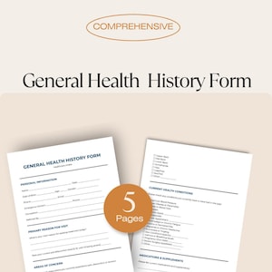 Könnte beinhalten: Zweiseitiges Formular zur Anamnese mit dem Text "General Health History Form" und "Comprehensive" oben. Ein runder Aufkleber zeigt "5 Pages" an. Das Formular enthält Abschnitte für persönliche Informationen, den Hauptgrund des Besuchs und den aktuellen Gesundheitszustand.
