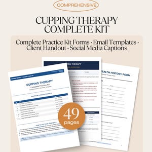 Puede incluir: Un kit completo de terapia de ventosas con formularios, plantillas de correo electrónico, folletos para clientes y leyendas para redes sociales. El kit incluye 49 páginas y está disponible para descarga instantánea. El texto "Comprehensive" está en la parte superior.