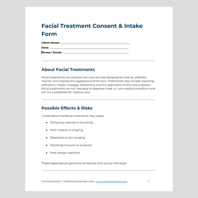 Facial Treatment Consent Form + Client Intake | Esthetician Waiver ...