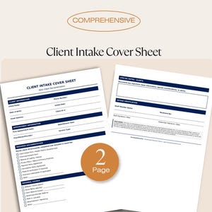 May include: A two-page client intake cover sheet with a comprehensive design. The document includes sections for client information, appointment details, required documentation, and referral sources. The cover sheet has a tan background with dark blue and white text.