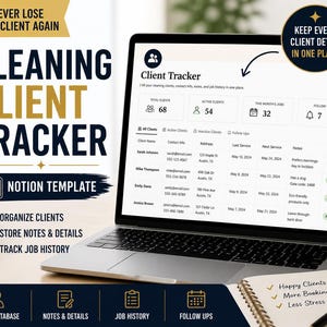 Plantilla de Notion para el seguimiento de clientes de limpieza / Base de datos de clientes, notas de trabajo y organizador de gestión de servicios