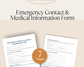 Emergency Contact Medical Information Form, Massage Therapy Client Intake, Health History Template, Editable Healthcare Form