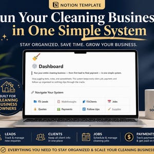 Könnte beinhalten: Ein Laptop zeigt eine Notion-Vorlage für Reinigungsunternehmen mit dem Text "Run Your Cleaning Business in One Simple System". Der Bildschirm zeigt ein Dashboard mit Optionen für Leads, Kunden, Jobs und Zahlungen. Rechts ist ein weißer Becher mit "FORM SOLUTIONS PRO".