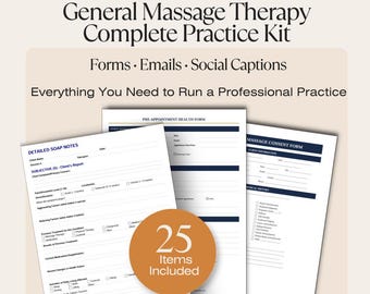Kit completo para la práctica de la terapia de masaje general / Formularios, plantillas de correo electrónico y textos para redes sociales / Paquete para masajistas / PDF y Word