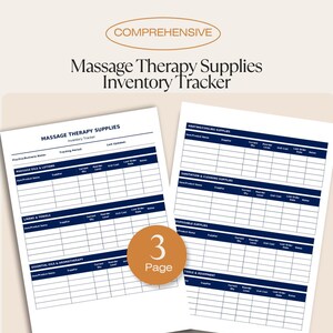 May include: A comprehensive massage therapy supplies inventory tracker with a cream background. The document includes sections for massage oils, linens, and essential oils. The text "3 Page" is on a brown circle. The title is "Massage Therapy Supplies Inventory Tracker."