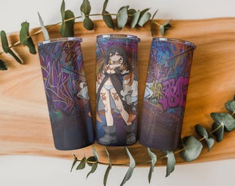 Opakowanie 2 sztuk folii do pakowania na kubki z motywem anime graffiti girl w formacie PNG, 20 uncji, prosta i zwężana, projekt sublimacji w stylu street artu, pobieranie cyfrowe