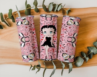 Retro Cartoon Girl Tumbler Wrap 20oz Skinny PNG, Wzór Serc w Stylu Pin Up Vintage, Uroczy Dziewczęcy Wzór Sublimacji Pobieranie Cyfrowe
