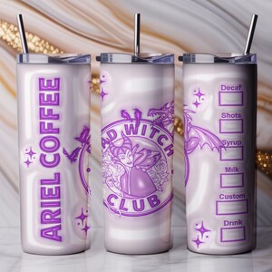 May include: Three white insulated tumblers with purple designs and silver straws. One tumbler reads "ARIEL COFFEE" vertically. The center tumbler features a circular design with the text "BAD WITCH CLUB" and a witch illustration. The third tumbler has a coffee order chart.