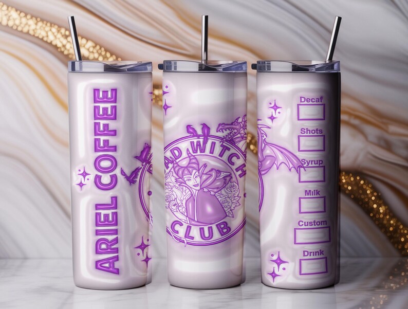 May include: Three white insulated tumblers with purple designs and silver straws. One tumbler reads "ARIEL COFFEE" vertically. The center tumbler features a circular design with the text "BAD WITCH CLUB" and a witch illustration. The third tumbler has a coffee order chart.