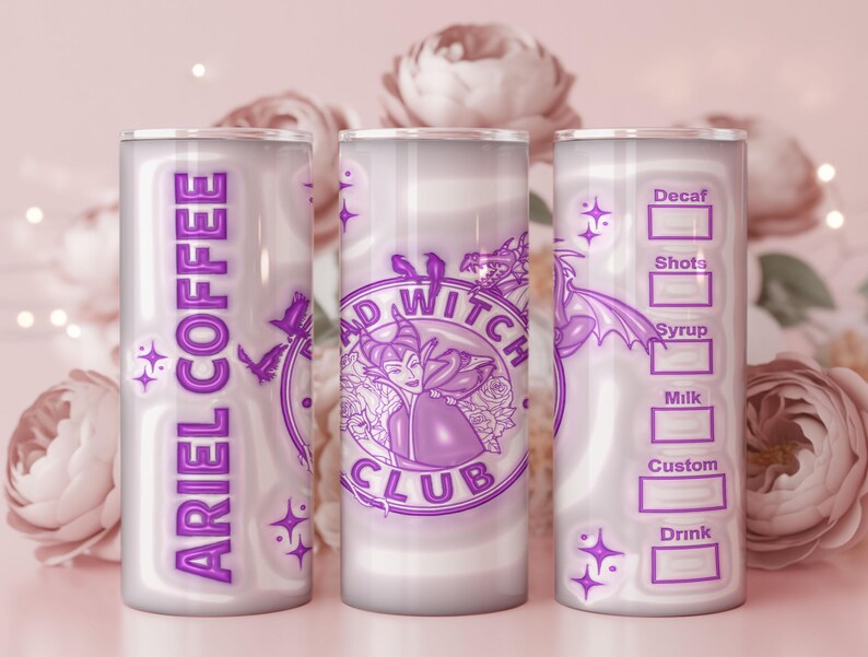May include: A cylindrical tumbler with a purple and white design. The tumbler features the text "ARIEL COFFEE" vertically, and the words "BAD WITCH CLUB" with a witch illustration. The other side has a coffee order form.