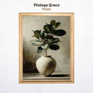 Może przedstawiać: Oprawiony wydruk przedstawiający martwą naturę z rośliną w białym wazonie. Roślina ma duże, ciemnozielone liście. Wazon jest w jasnobeżowym kolorze. Wydruk jest oznaczony napisem "Vintage Grace Prints" w górnej części.