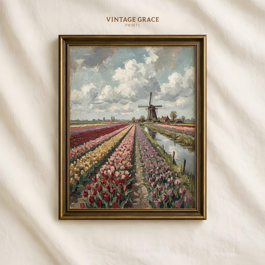 Vintage Dutch Tulip Field Oil Painting | Holland Windmill Landscape ...