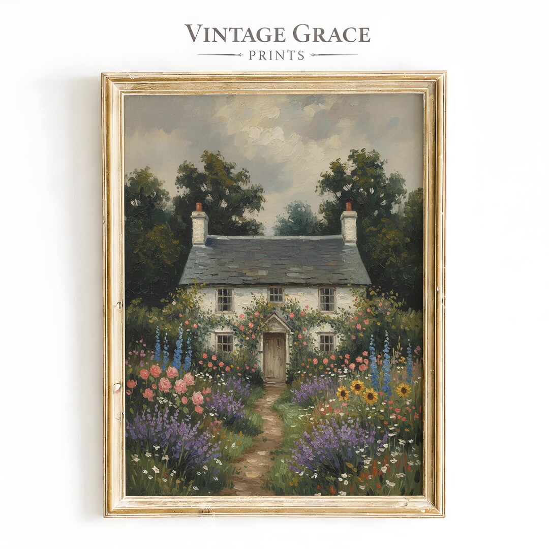 Vintage English Cottage Garden Oil Painting | Cozy Farmhouse Wall Art ...