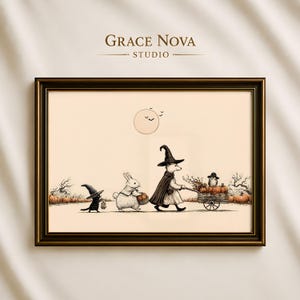 Arte de parede de Halloween, impressão vintage em tinta de animais da floresta em um campo de abóboras, download digital de 300 DPI