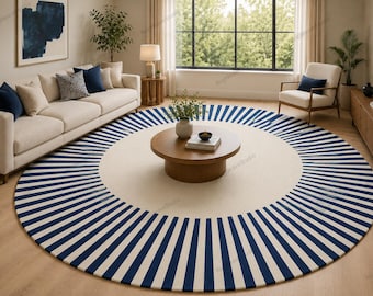 Handmade Navy Blue Cream Striped Round Rug, Modern Geometric Coastal Carpet