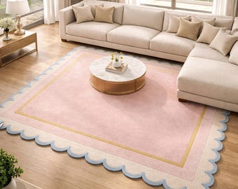 Pastel Pink Tufted Area Rug, Scalloped Edge Living Room Carpet, Modern Nursery Decor