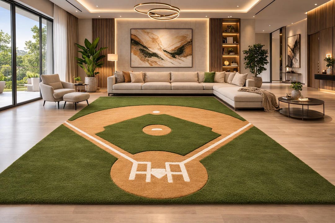 Hand Tufted Wool Baseball Field Rug, Green Sports Diamond Carpet, Game ...