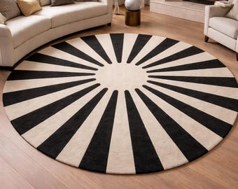Black Ivory Round Rug, Sunburst Tufted Carpet, Modern Minimalist Living Room Decor