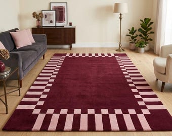 Burgundy Tufted Rug with Pink Checkered Border, Modern Geometric Carpet, Handmade Wool Area Rug, Living Room Bedroom Decor