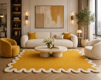 Mustard Yellow Irregular Tufted Rug, Cream Wavy Border, Modern Abstract Carpet
