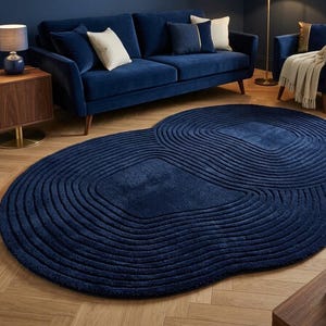 Modern marineblauw getuft vloerkleed met onregelmatige vorm, hoog en laag vloerkleed, abstract tapijt, luxe zacht vloerkleed woonkamerdecor