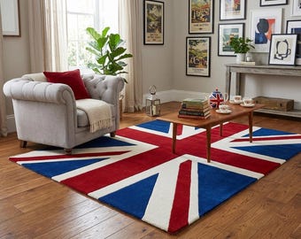Union Jack Rug 8x10, British Flag Carpet Handmade Wool Rug, Blue Red Living Room Rug UK Flag Decor