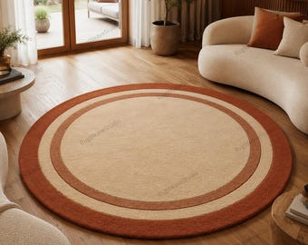 Handmade Tufted Round Rug, Beige Rust Border, Minimalist Living Room Carpet