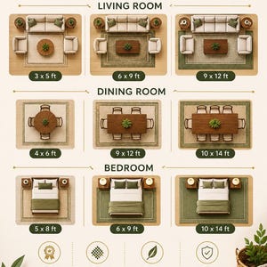 May include: An infographic by RugWeave Studio displaying rug size guides for living rooms, dining rooms, and bedrooms. It features top-down furniture layouts with dimensions in feet, alongside icons for quality, handcrafted, and durable features.