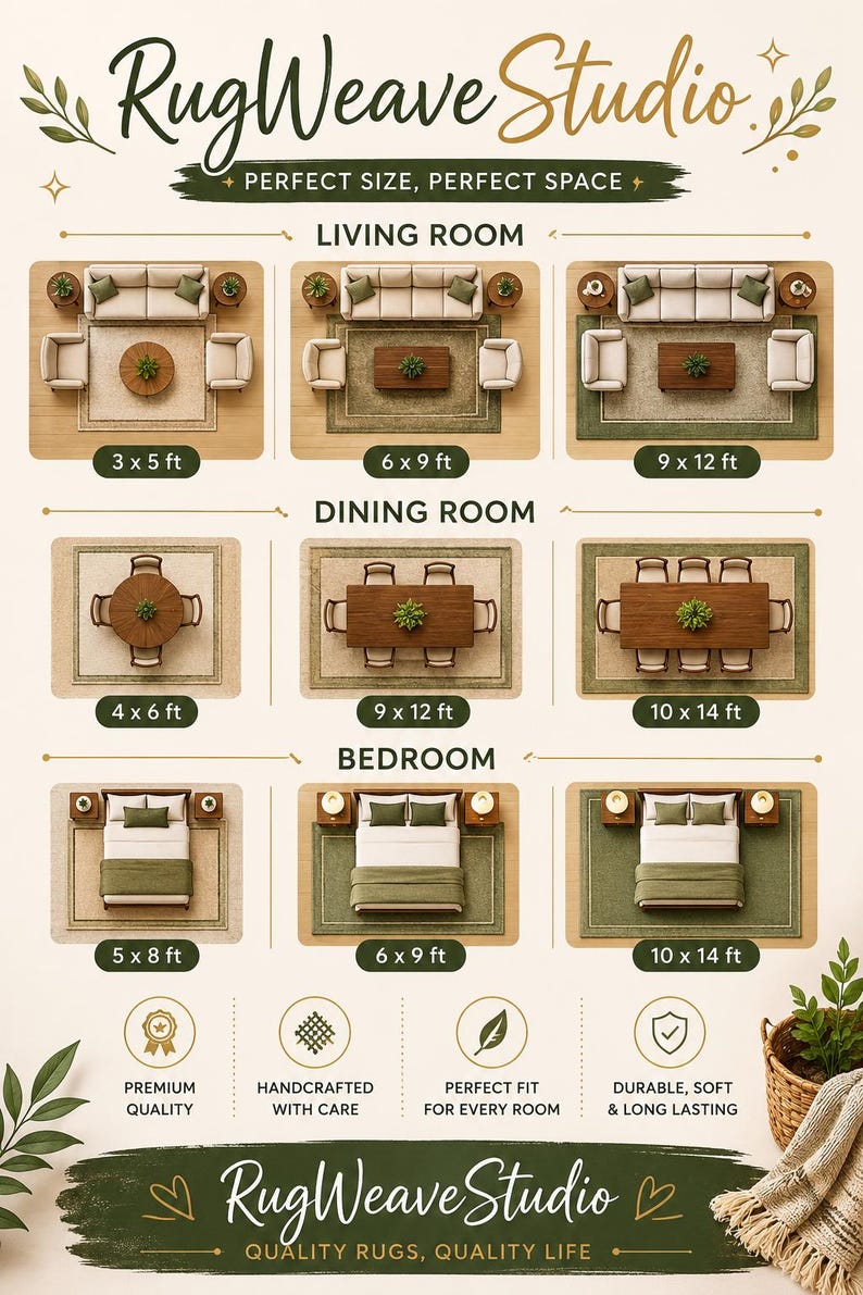 May include: An infographic by RugWeave Studio displaying rug size guides for living rooms, dining rooms, and bedrooms. It features top-down furniture layouts with dimensions in feet, alongside icons for quality, handcrafted, and durable features.