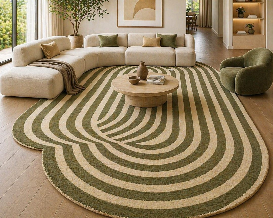 Irregular Olive Green & Beige Tufted Rug, Modern Abstract Wave Rug ...