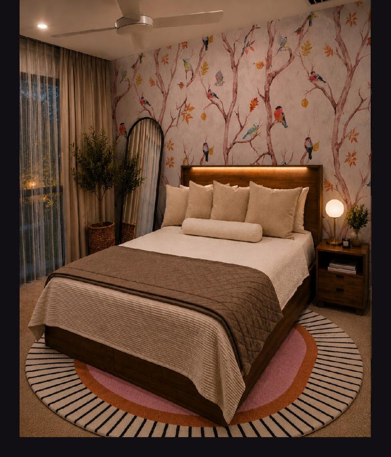 May include: A bedroom featuring a wooden bed frame with integrated headboard lighting, dressed in beige pillows and a brown quilted runner. The room includes a round rug with pink and orange bands, a floor mirror, and wallpaper with bird motifs.