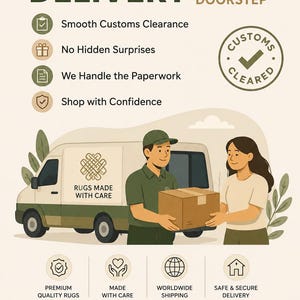 May include: An informational graphic for RugWeaveStudio featuring a delivery van, a person in a green shirt handing a brown package to another person, and text including Hassle-Free Delivery, Customs Cleared, and Premium Quality Rugs.