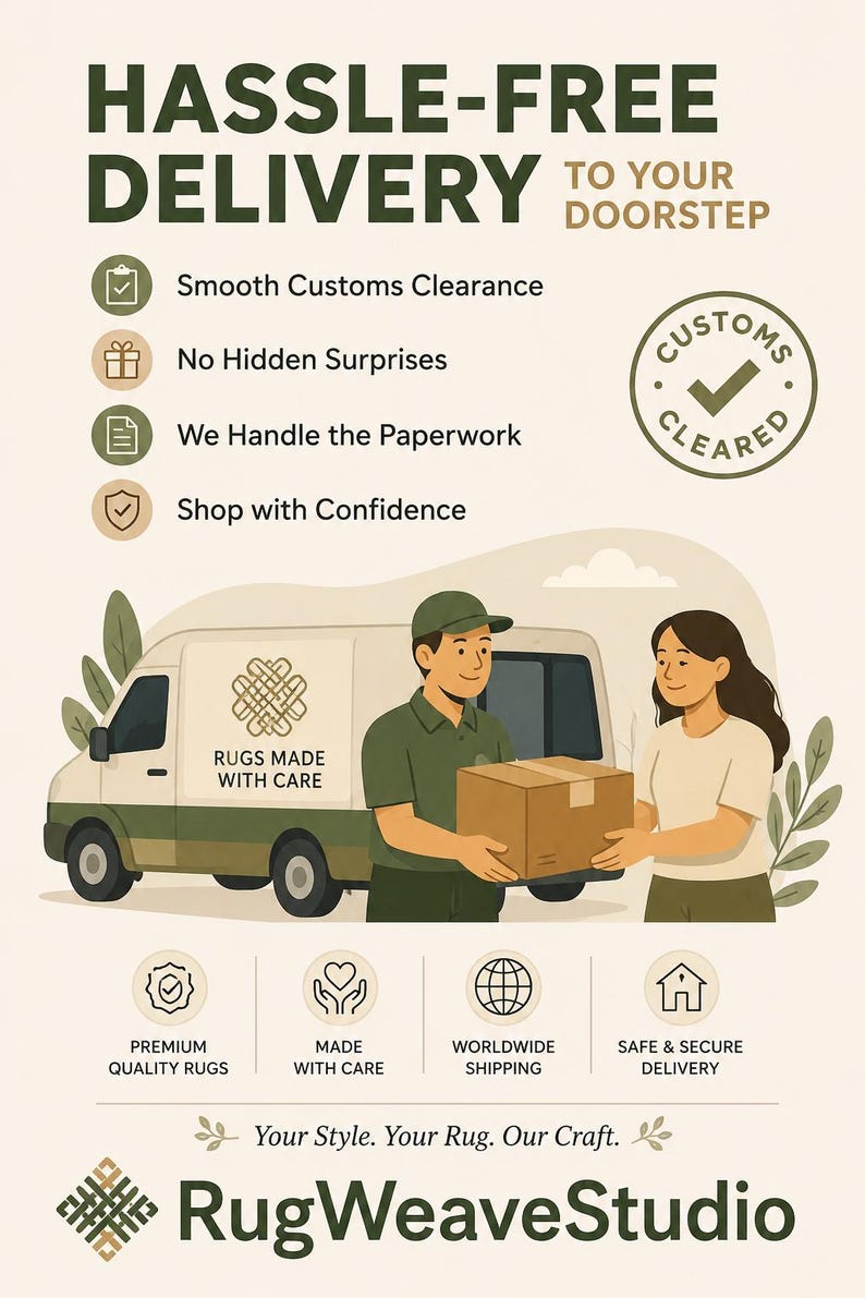 May include: An informational graphic for RugWeaveStudio featuring a delivery van, a person in a green shirt handing a brown package to another person, and text including Hassle-Free Delivery, Customs Cleared, and Premium Quality Rugs.