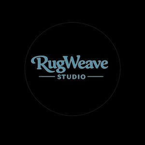 May include: A circular logo on a black background featuring the text RugWeave in a light blue serif font. Below the main text, the word STUDIO appears in a smaller, light blue sans-serif font, flanked by two horizontal lines on each side.