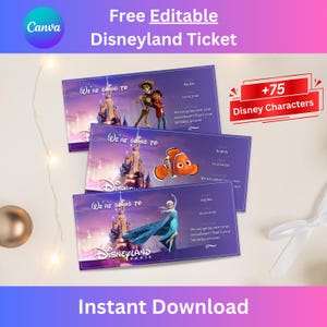 Puede incluir: Tres boletos morados de Disneyland Paris con ilustraciones de personajes de Disney. Los boletos presentan el texto "We're going to Disneyland Paris" e incluyen el texto "+75 Disney Characters" e "Instant Download".