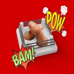 May include: A novelty item featuring a pair of fingers in a miniature wrestling ring. The ring is white with silver-colored ropes, set against a vibrant red background. Comic book style text bubbles say "POW" and "BAM!"