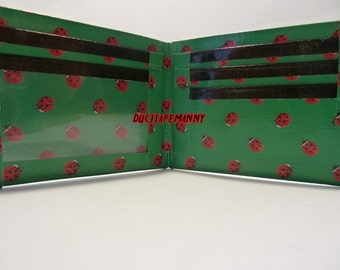 handmade duct tape wallet green with ladybugs all over it
