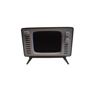 May include: A retro-style television set with a black screen, gray frame, and black legs. The TV has two knobs and a speaker grill on the front. The design is reminiscent of vintage electronics.