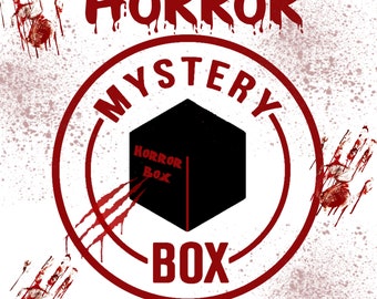 May include: A red circle with the words "Horror Mystery Box" in white lettering. The circle is surrounded by a white background with red handprints and claw marks. Inside the circle is a black box with the words "Horror Box" in red lettering.