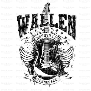 May include: Black and white graphic design featuring a guitar with wings, the word "WALLEN" above, and "NASHVILLE TENNESSEE" on banners. The design has a distressed, vintage aesthetic, with star accents.