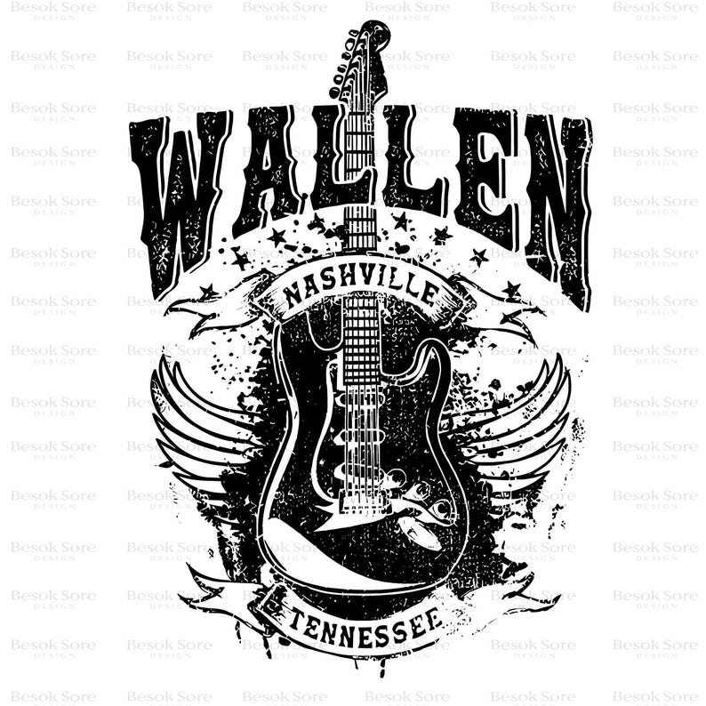 May include: Black and white graphic design featuring a guitar with wings, the word "WALLEN" above, and "NASHVILLE TENNESSEE" on banners. The design has a distressed, vintage aesthetic, with star accents.